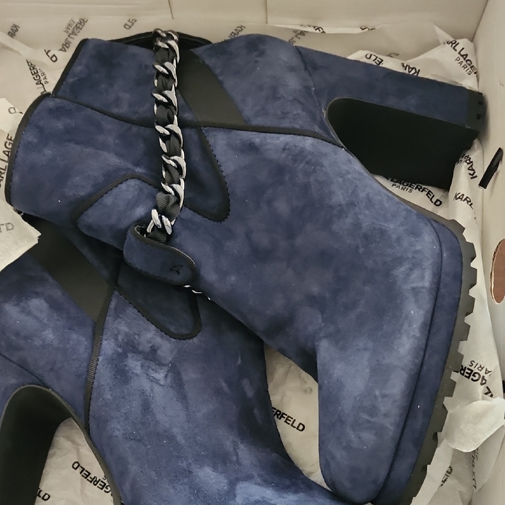 Karl Lagerfeld Navy Suede Platform Ankle Booties with Braided Accent
